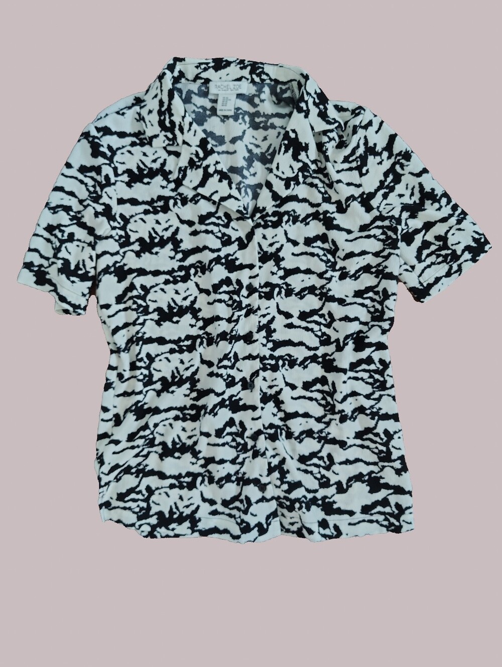 Rachel Zoe Black & White Abstract Print Short Sleeve Button Front Shirt